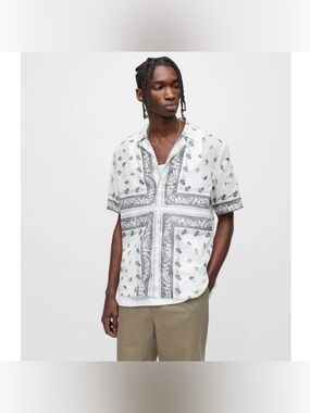 Allsaints Men’s Pima Bandana Print SS Button Up Shirt Sz M Relaxed Fit White